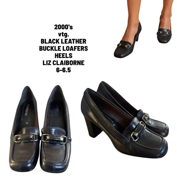 Y2K VTG. 2000'S BLACK LEATHER BUCKLE LOAFERS HEELS SZ. 6-6.5 LIZ CLAIBORNE. - Picture 1 of 8